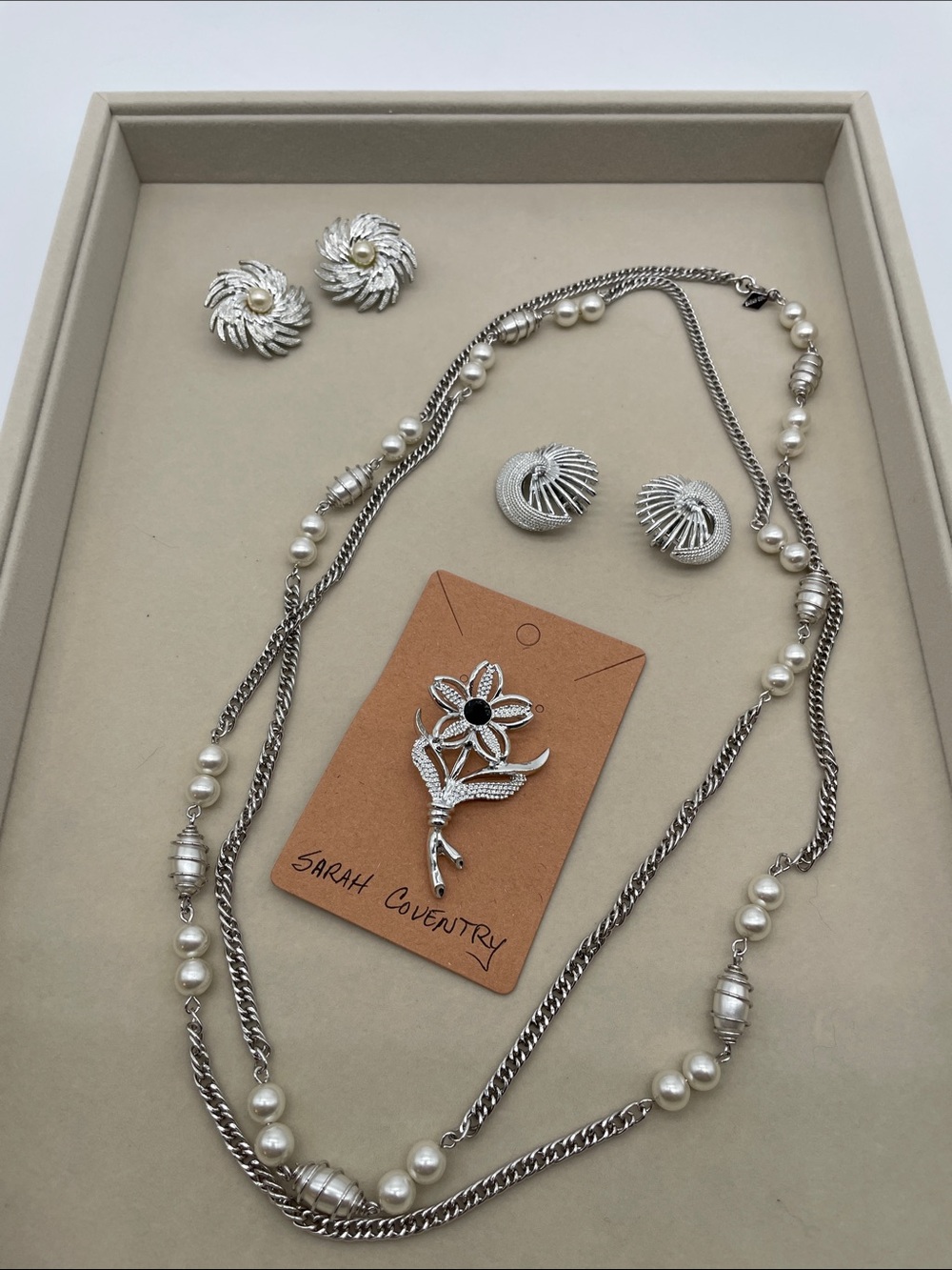 Sarah Coventry Silver and White Pearl Necklace Earrings Floral Brooch Set